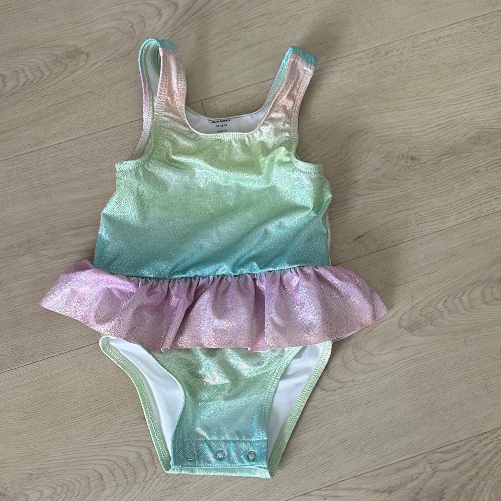 Old Navy Glitter Sparkle Mermaid Toddler Baby Swimsuit 12-18m EUC